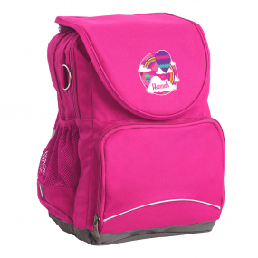 Harlequin Ergo Tuff-Pack backpack in hot pink front side angle, padded shoulder straps, two zipper compartments, front zipper pocket, D ring and mesh water bottle holder with personalised design
