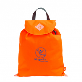 Harlequin Hi-Viz orange  eco excursion bag front angle view displaying handle, velcro fastening with drawstring toggle and reflective safety corners  with Kingsville logo