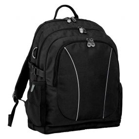 Black backpack front angle view with zippers, buckles and three pockets