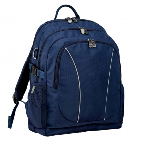 Navy Blue backpack front angle view with zippers, buckles and three pockets