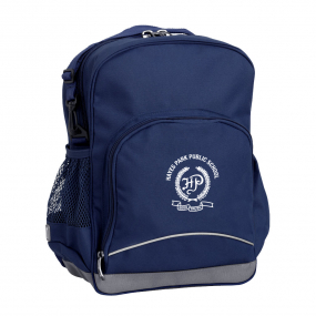 Navy Kindy Tuff-Pack front angle view showing a small front pocket and a hayes park public school logo
