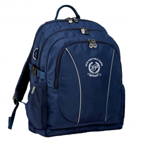 Navy backpack front angle view with zippers, buckles and three pockets for hayes park public school.