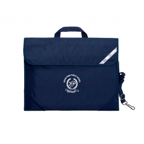Harlequin Safety Library bag in navy displaying carry handle, velcro opening, shoulder strap, reflector safety strip, reinforced corners and Hayes Park Public School Logo in white