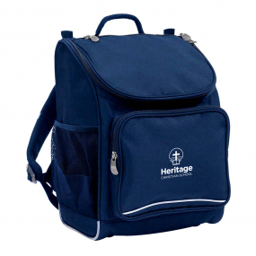 Harlequin Mighty in navy front side angle displaying carry handle, padded shoulder straps, top zipper compartment, front zipper pocket, mesh water bottle holder and Heritage logo