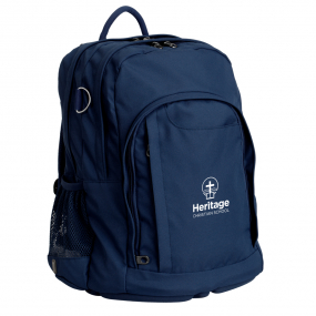 Harlequin Osteo in navy front side angle displaying carry handle, two top zipper compartments, front pocket with two zip compartments, D ring , mesh water bottle holder and Heritage logo
