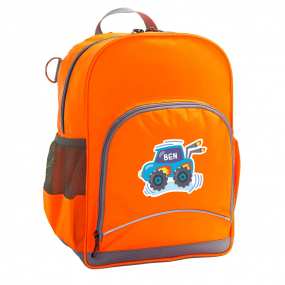 Hi-Viz orange Kindy Tuff-Pack front angle view showing a small front pocket and personalised car design
