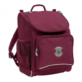 Harlequin Mighty in maroon front side angle displaying carry handle, padded shoulder straps, top zipper compartment, front zipper pocket, and mesh water bottle holder 
