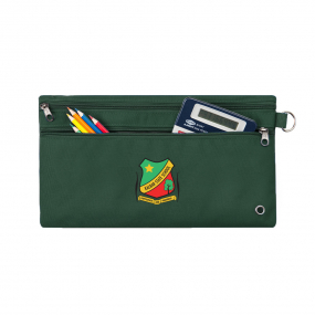 Harlequin royal pencil case front angle displaying two zip compartments and D-ring with Chelona Sate School logo in white