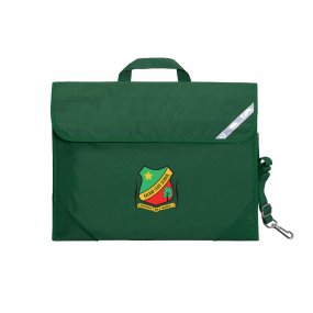 Harlequin Safety Library bag in Bottle Green displaying carry handle, velcro opening, shoulder strap, reflector safety strip and reinforced corners