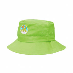 Harlequin apple green bucket hat displaying a soft cotton with a wide downwards sloping brim and a dinosaur personalisation  
