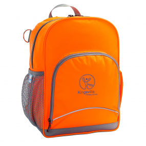 Hi-Viz orange Kindy Tuff-Pack front angle view showing a small front pocket, carry handle, D-ring, mesh water bottle holder and Kingsville logo