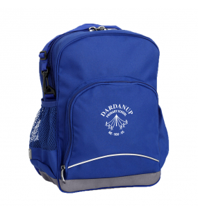 Royal Blue Kindy Tuff-Pack front angle view showing a small front pocket and a dardanup logo