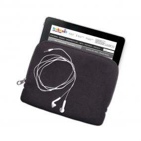 Neoprene protective Laptop Sleeve open with an ipad inserted and headphones sitting on top