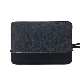 Front view of a Black 13 inch laptop sleeve with mixed fabric detail and visible stitching,