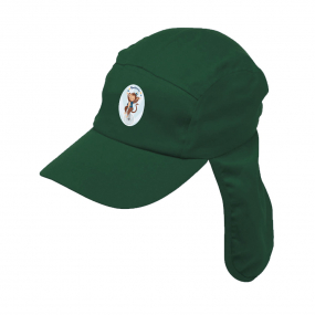 Harlequin green legion cap displaying a soft cap with a rounded crown and a stiff ball sitting on the top of the hat with a fabric neck flap, displaying a personalisation 