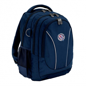 Harlequin Anatomic Tuff-Pack backpack front angle in navy blue with The Hills Logo