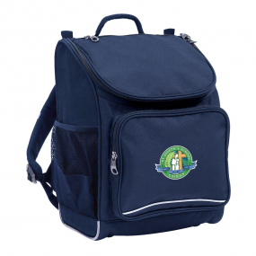 Harlequin Mighty in navy front side angle displaying carry handle, padded shoulder straps, top zipper compartment, front zipper pocket, and mesh water bottle holder with St Joseph's logo 