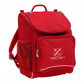 Biddeston State School Harlequin Mighty in red front angle displaying carry handle, padded shoulder straps, padded back support and mesh water bottle holder