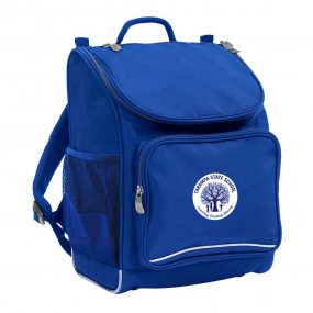 Harlequin Mighty in royal front side angle displaying carry handle, padded shoulder straps, top zipper compartment, front zipper pocket, and mesh water bottle holder with Tarampa State school logo