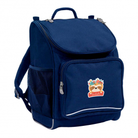 Harlequin Mighty Tuff-Pack Junior Backpack in Royal Blue with personalisation. Angled view showing front pocket, drink bottle pocket and ergonomic shoulder strap.