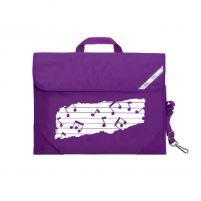 Harlequin Quartet Melody Music bag in Purple displaying carry handle, velcro opening, shoulder strap, reflector safety strip, reinforced corners, pre-printed with a Melody motif