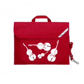 Harlequin Quartet String Music bag in Red displaying carry handle, velcro opening, shoulder strap, reflector safety strip, reinforced corners, pre-printed with a String motif