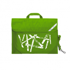 Harlequin Quartet Wind Music bag in Apple Green displaying carry handle, velcro opening, shoulder strap, reflector safety strip, reinforced corners, pre-printed with a wind motif