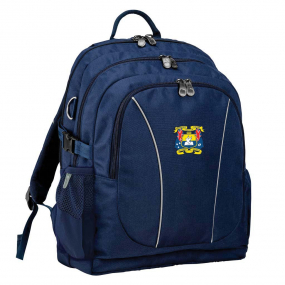 Navy backpack front angle view with zippers, buckles and three pockets with Toowoomba