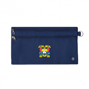 Harlequin navy pencil case front angle displaying two zip compartments and D-ring with Toowoomba logo