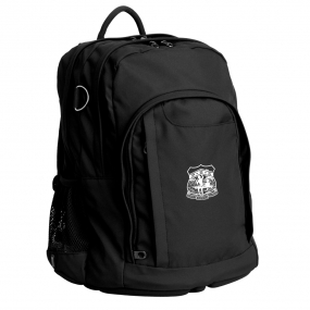 Harlequin Osteo in black front side angle displaying carry handle, two top zipper compartments, front pocket with two zip compartments, D ring and mesh water bottle holder with Parramatta logo