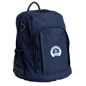 St Margaret Mary's Harlequin Osteo in Navy front side angle displaying carry handle, two top zipper compartments, front pocket with two zip compartments, D ring and mesh water bottle holder