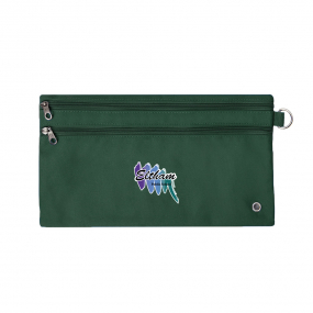 Harlequin bottle green pencil case front angle displaying two zip compartments , D-ring and eltham public school logo 