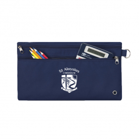 Harlequin navy pencil case front angle displaying two zip compartments and D-ring with St Aloysius logo