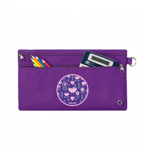 Harlequin purple pencil case front angle displaying two zip compartments and D-ring with personalisation 