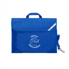 Harlequin Safety Library bag in royal blue  displaying carry handle, velcro opening, shoulder strap, reflector safety strip, reinforced corners and Pingelly Primary School Logo in white
