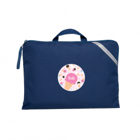 Q Book Bag in Navy with handle, reflective strip and zipper pull, personalised with a pink ice cream design