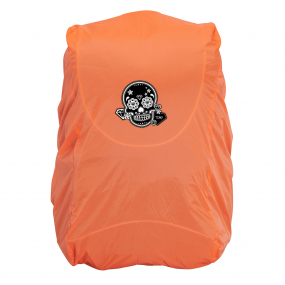Harlequin Hi-Viz orange backpack cover displaying water repellent, fade resistant material with a personalisation 