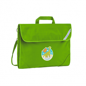 Harlequin Safety Library bag in apple green front angle view displaying carry handle, easy open velcro strap, reflector safety strip, reinforced corners, shoulder straps and personalisation on front pocket 