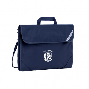 Harlequin Safety Library bag in Navy displaying carry handle, velcro opening, shoulder strap, reflector safety strip and reinforced corners with St Aloysius logo