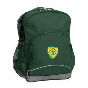 Bottle Green Kindy Tuff-Pack front angle view showing a small front pocket and a sandon public school logo