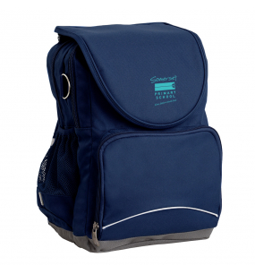 Harlequin Ergo Tuff-Pack shown in navy blue, side angle showing front pocket, drink bottle holder and School logo on the flap.