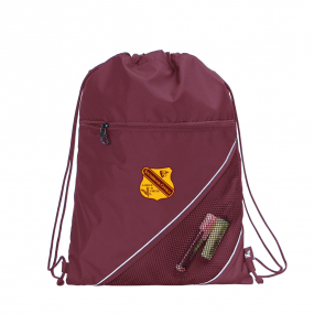 Harlequin maroon eco sprint bag displaying drawstring opening,  top zipper, external zippered pocket, and d-ring trinket holder