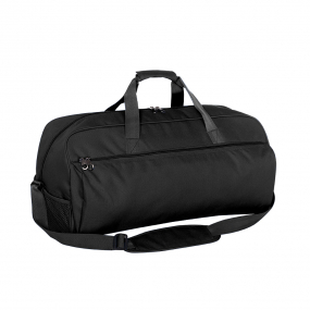 Harlequin Sports Bag in black front angle displaying carry handles, top zip compartment, front lower zip compartment and shoulder strap 