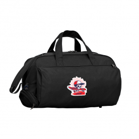 Black Sports Bag front view with a personalised design, adjustable shoulder strap, zip pockets and shoe space. 