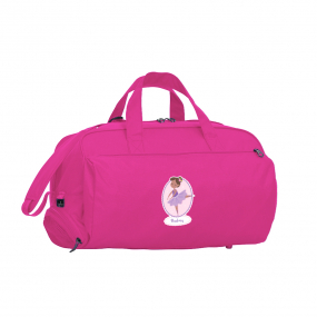 Harlequin Dance Bag in pink front angle displaying carry handles, top zip compartment, front lower zip compartment and shoulder strap 