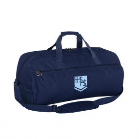 Harlequin sport Bag in Navy Blue front angle displaying carry handles, top zip compartment, front lower zip compartment and shoulder strap with The Hills Sports logo 