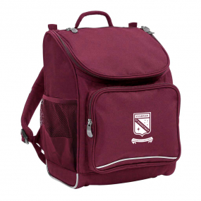 Harlequin Mighty in maroon front side angle displaying carry handle, padded shoulder straps, top zipper compartment, front zipper pocket, and mesh water bottle holder with Hope christian logo 