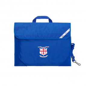 St Laurence's Parish School Forbes - Safety Library bag in Royal Blue front angle view displaying carry handle, easy open velcro strap, reflector safety strip, reinforced corners, shoulder straps and the school logo on front pocket 