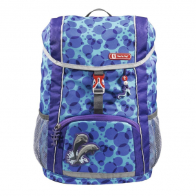 Blue and Purple dot Step By Step Junior Happy Dolphin backpack front angle view displaying a top pocket, a buckle clip and a seahorse chain with a front lower pocket at the bottom, magnetic dolphin and showing two side water bottle holders 
