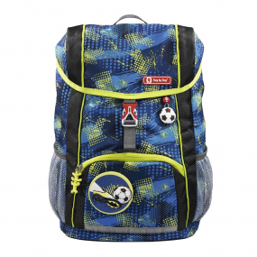 Blue and lime Step By Step Junior soccer backpack front angle view displaying a top pocket, a buckle clip and a soccer chain with a front lower pocket at the bottom, magnetic soccer ball and showing two side water bottle holders 